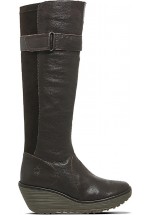 Fly London Yash Leather Knee high Boots Olive Brown Wedges